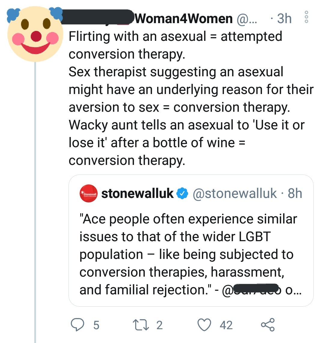 Anti-ace trolls are experts at minimizing issues. This may come as a surprise, but we actually do know what conversion therapy is. It's the terfs who seem confused KW: "aphobic and proud" "not lgbt" "just wanna be oppressed" "by definition"