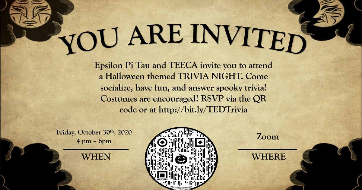 Join TEECA and Epsilon Pi Tau tomorrow night at 4pm as they team up to bring you an action-packed virtual trivia night! Showcase your trivia knowledge and Halloween costume skills! Make sure you RSVP: ow.ly/WTCx50C6EgS and join using the zoom link: ow.ly/2da450C6EgQ