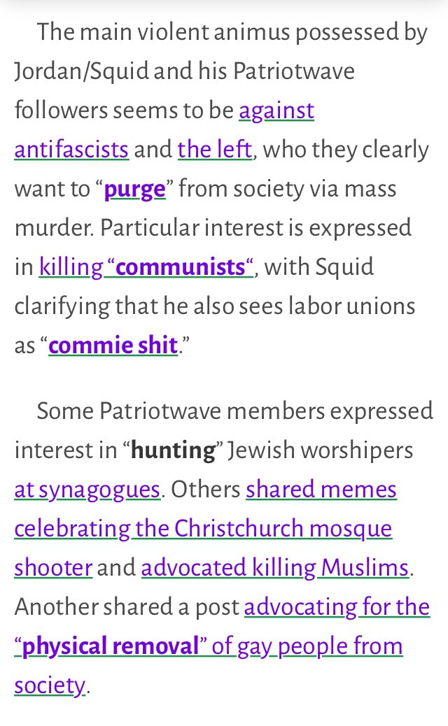 Squid and his PatriotWave boogaloo bois express a violent animus towards antifascists, anarchists/communists/leftists, and labor unions. Some members also discussed targeting Black people, gay or trans people, as well as Jews and Muslims.