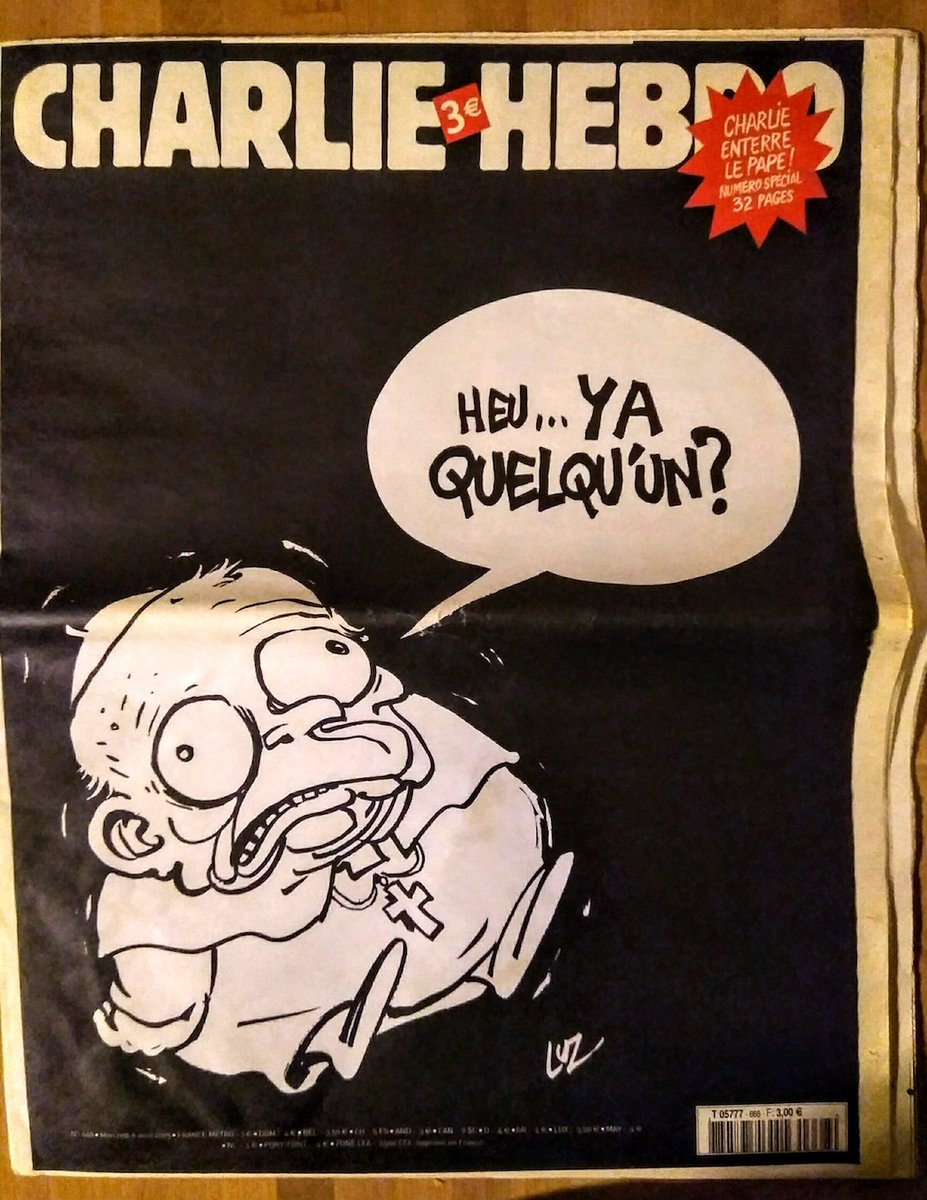 Voici les caricatures de Charlie Hebdo à la mort du pape Jean-Paul II, en 2005. Tignous, Tardi, Charb, Riss, Luz, Cabu, Gébé, Honoré....(Il y avait bien des cathos qui râlaient, mais pas d'actes terroristes, pas de profs intimidés, pas de débat sur le droit au blasphème)