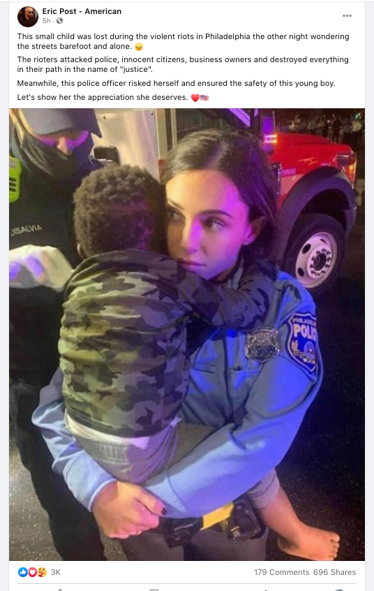 The FOP's fake story is still spreading all over Facebook in an entirely predictable fashion.One post says the child -- who, again, was grabbed out of the back of a SUV after Philadelphia police officers smashed the vehicle's windows and beat the driver -- "became lost."