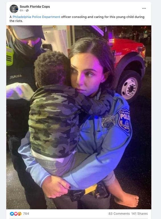 The FOP's fake story is still spreading all over Facebook in an entirely predictable fashion.One post says the child -- who, again, was grabbed out of the back of a SUV after Philadelphia police officers smashed the vehicle's windows and beat the driver -- "became lost."