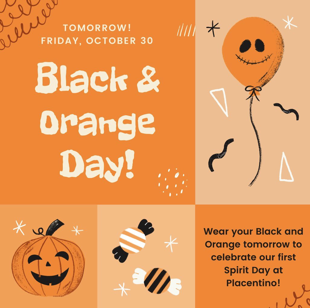 Tomorrow, Friday, October 30 is our first spirit day of the year! Don’t forget to wear black and orange! 🖤🧡