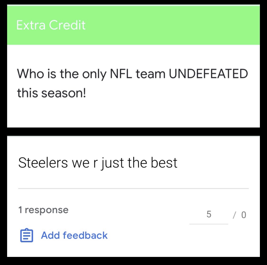 mshuffgms's tweet image. Decided to make this question as extra credit! 36 out of 77 students said @steelers! @NFL @nflnetwork