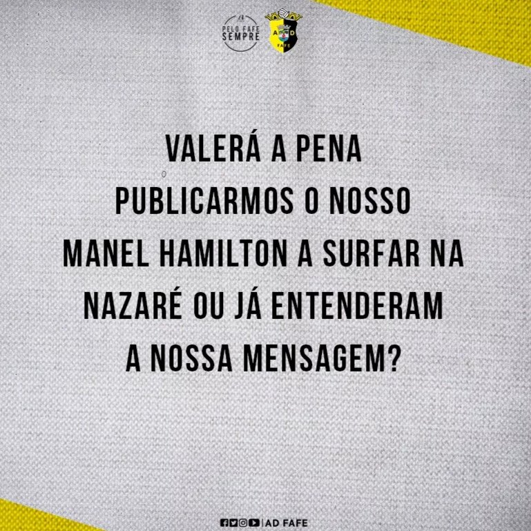⚠️👏 Que o futebol dê uma resposta de organização e responsabilidade que não vemos noutros ramos da sociedade.

💛🙏🖤 Cumpram as normas da DGS, ao cuidarmos de nós, estaremos a cuidar de todos, enquanto uma grande família que somos.
#adfafe #peloFafesempre #famíliafafense