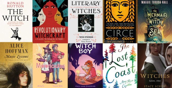 collage of books about witches