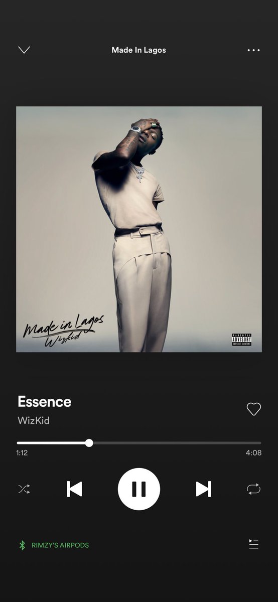 11. Essence.... AYEEE WHY DID THEY NOT SAY TEMS WAS ON THIS?!! I LOVE HER!!!!  @Spotify you need to credit  @temsbaby on this song. I love how singular her voice is. You just know!  #MadeinLagos  
