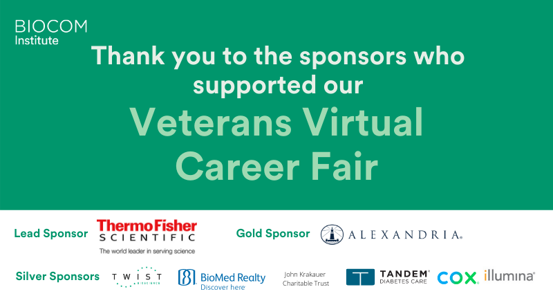 BiocomInstitute's tweet photo. A big thank to our Veterans Career Fair sponsors:
Lead Sponsor: @thermofisher 
Gold Sponsor: Alexandria Real Estate Equities, Inc.
Silver Sponsors: @TwistBioscience, @TandemDiabetes  @BioMedRealty, @illumina @CoxCalifornia, and the John Krakauer Charitable Trust. #biocom4vets https://t.co/3w3sUXAkXR