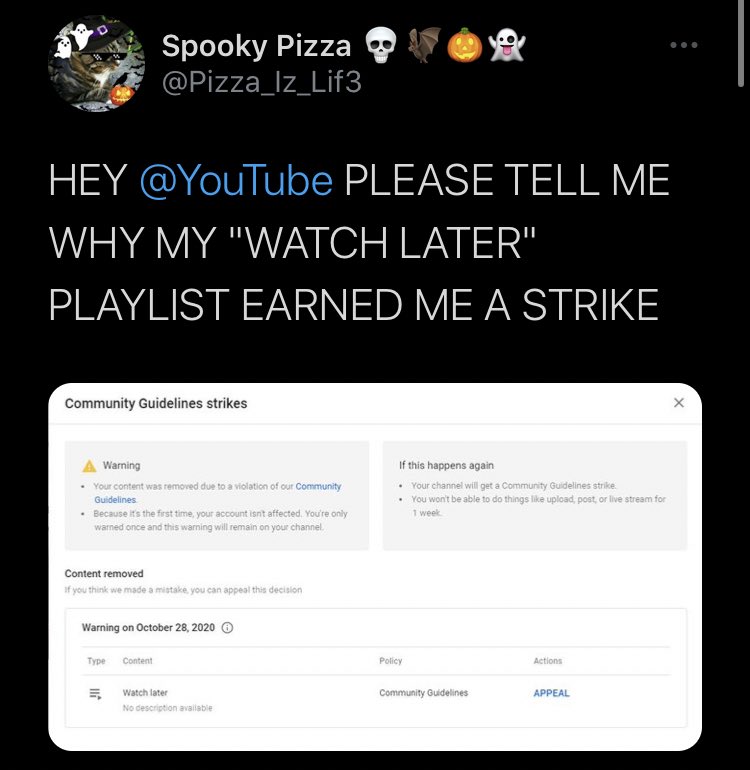 what the fuckyou can apparently get a strike on your channel for videos that you did not make that you put in your private watch later” playlist