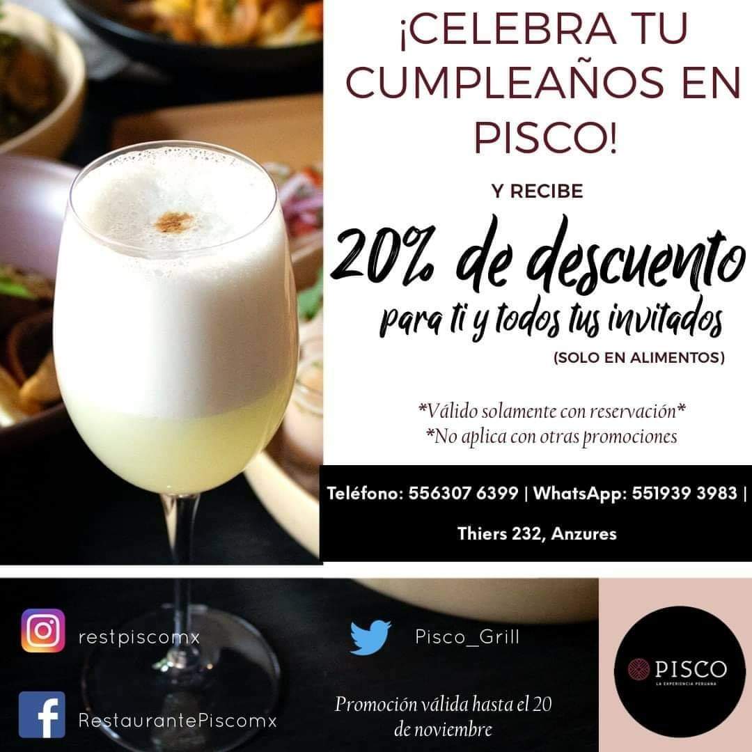 Pisco_Grill's tweet photo. No hay nada que nos haga más felices que compartir momentos importantes contigo, como tu cumpleaños, por ejemplo, así que creamos una promoción para que la disfruten tus acompañantes y tú. https://t.co/la8WyUANIc