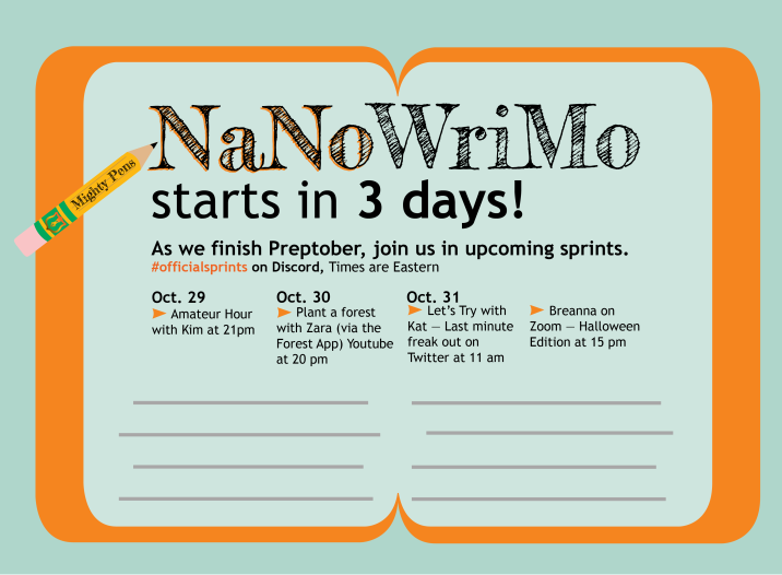 the_mighty_pens's tweet photo. If you haven't been to a #preptober sesh with @inopinion, now is your last chance! She'll be on #theMightyPens discord at 9pm eastern to get ready for #NaNoWriMo. If you're not part of #MP2020: https://t.co/iqru7F4U7o 
If you are and wanna join sprints, https://t.co/eah7ldpRXL https://t.co/oLe1ZtzQGK