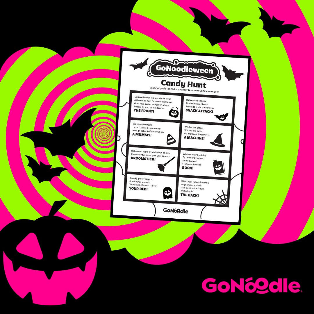 GoNoodle's tweet photo. No matter what your Halloween looks like this year, our #GoNoodleween Candy Hunt 🍭 is the perfect socially-distanced fun for your family to enjoy! Download 👉🏾 https://t.co/90Nsp8Jv2X https://t.co/I2FPLvr0fF