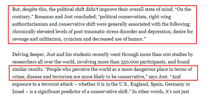 The resulting "political conservatism, right-wing authoritarianism & conservative shift were generally associated w/ the following: chronically elevated levels of  #posttraumatic  #stress  #disorder &  #depression, desire for revenge &  #militarism, cynicism & decreased use of humor."