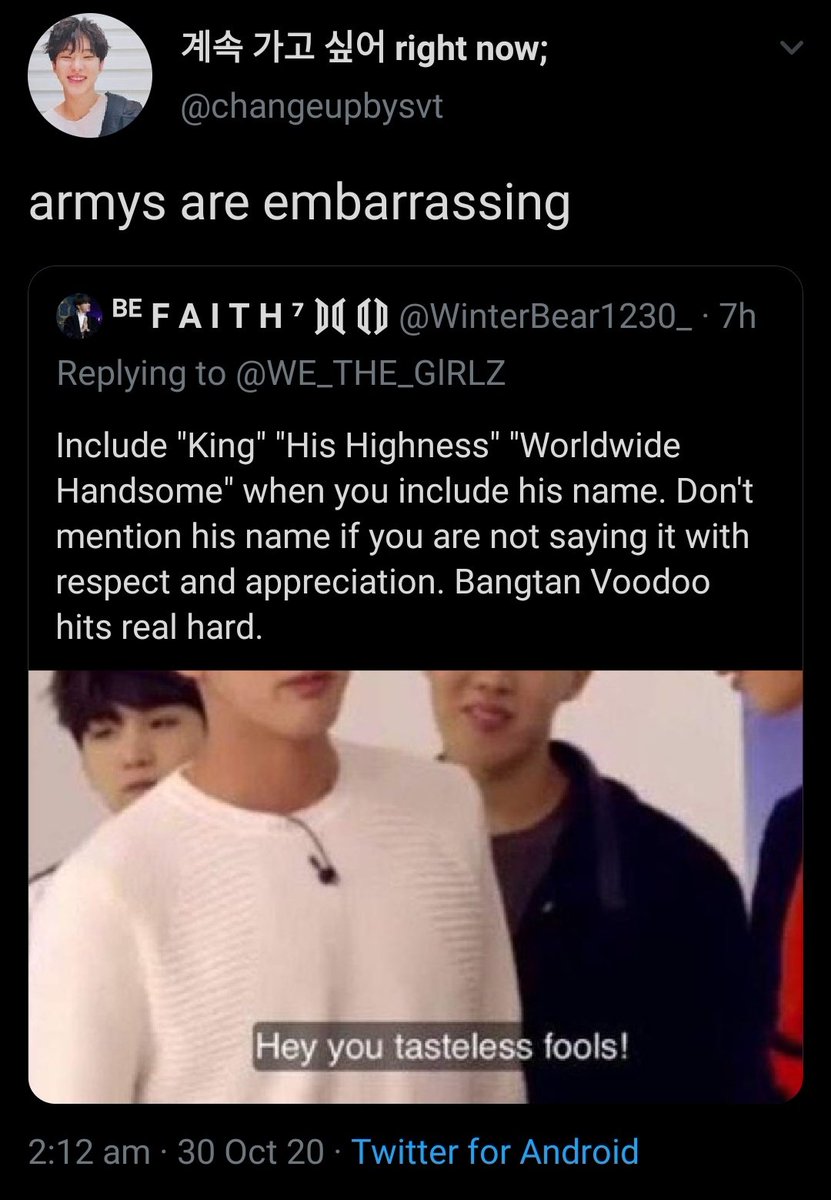 WinterBear1230_'s tweet photo. @WE_THE_GlRLZ @changeupbysvt don't hide in the qrt. State the reason why it is embarrassing to say someone's name with respect and appreciation??? By the way, say ARMYs name with respect too 💅🏻 #ARMYprint if you know what I mean. https://t.co/jqwGK5IOzC