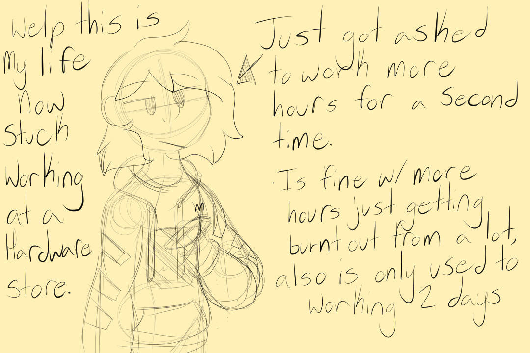 Bronze_Leafe's tweet photo. Some art from today, and now that I have a haircut i'm gonna have to redraw my icon. Also i'm not mad at getting more hours that's just how I felt in the moment of receiving the text. https://t.co/fFCAsJbqPj