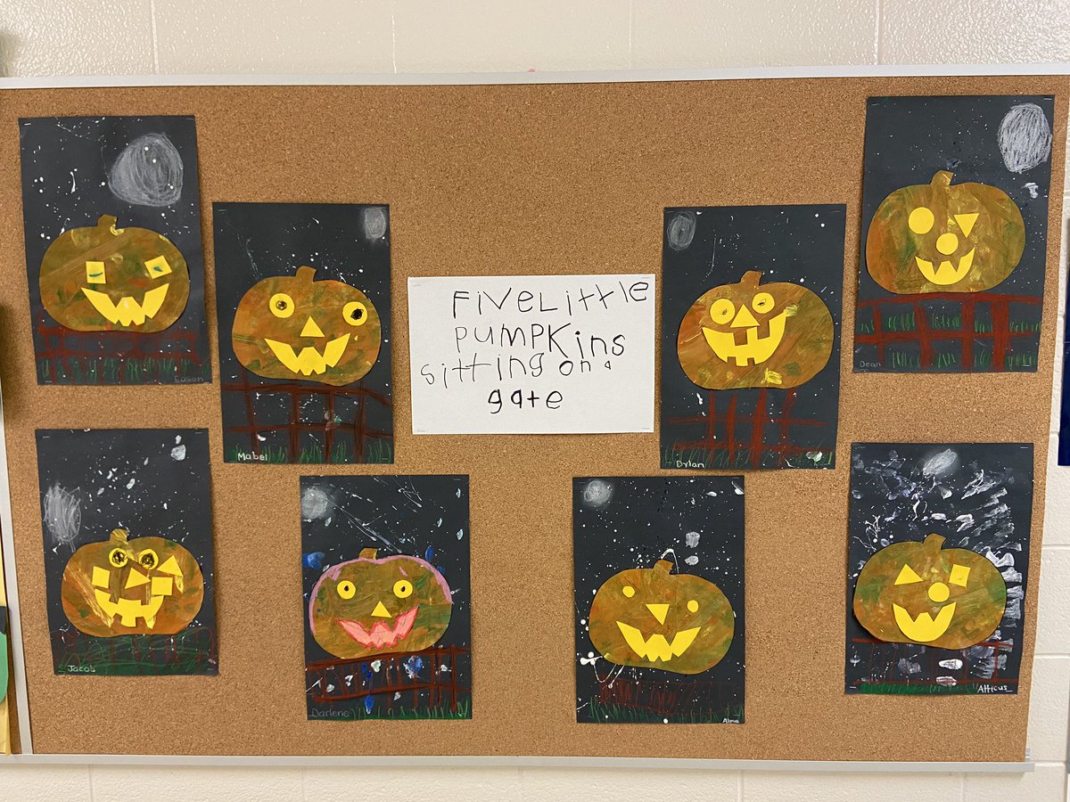 We loved singing and acting out the poem, “Five Little Pumpkins Sitting on a Gate,” so why not turn our poem into art? We worked collaboratively to paint the pumpkins, splattered some stars onto our night sky, and used oil pastels for the details. 🎃 <a href="/SettlersGreenPS/">Settler's Green PS</a> <a href="/MrsHickey3/">Kelly Hickey</a>