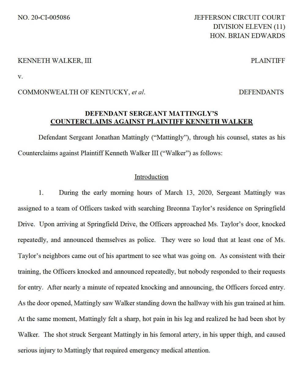 New: LMPD Sergeant Jonathan Mattingly filed counter claims against Breonna Taylor’s boyfriend Kenneth Walker for battery, assault, and intentional emotional distress. He and his lawyer seem to be swinging for the fences here. They want punishment for Walker and money for damages