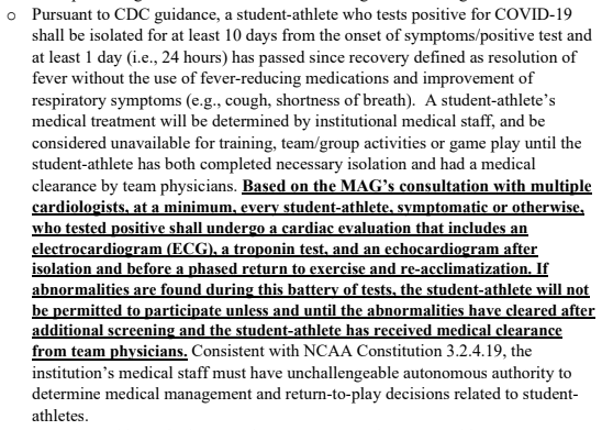 Here’s the specific language of the ACC ruleQuestions:1.) Start of symptoms/pos. test used synonymously but if Trevor showed symptoms Tues but didn’t test + until Wed, that distinction matters.2.) 10-day iso: Does that mean return ON the 10th day or following day? Also BIG.