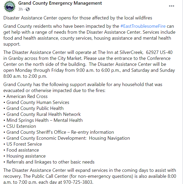 CEDRdigital's tweet photo. #GrandCO Disaster Assistance Center opening in #Granby to help residents impacted by the #EastTroublesomeFire https://t.co/ewToj16tOM