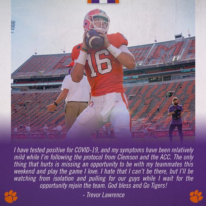 Trevor Lawrence says that his symptoms have been “relatively mild” and that he will continue to follow the protocol from Clemson and the ACC https://t.co/Jx5MoKpmT0