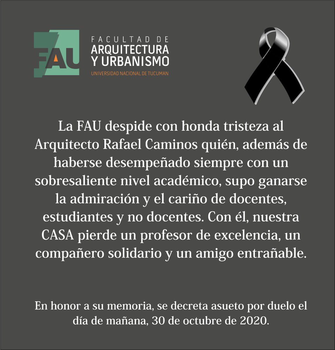 fau_unt's tweet photo. ⚫️ La FAU despide con tristeza a Rafael Caminos, excelente profesor, compañero solidario y un amigo entrañable. https://t.co/tsOp14THex