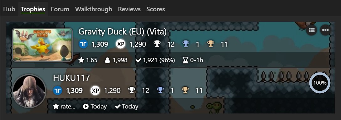 HUKU117's tweet photo. Gravity Duck [EU] (PS Vita) Platinum#179 and 100% Complete

#TrophyHunter #PlatinumTrophy #PlayStation #PSVita #RatalaikaGames #Woblyware #GravityDuck https://t.co/q21CgSzHuS