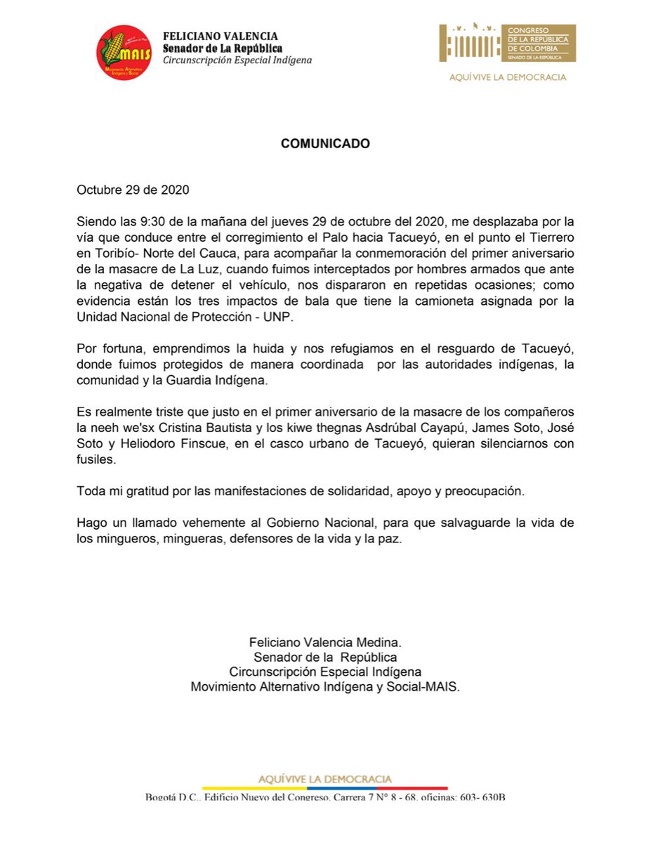 Rechazamos el atentado contra el Senador <a href="/FelicianoValen/">Feliciano Valencia</a>, solicitamos y exigimos aumentar la seguridad del Senador.