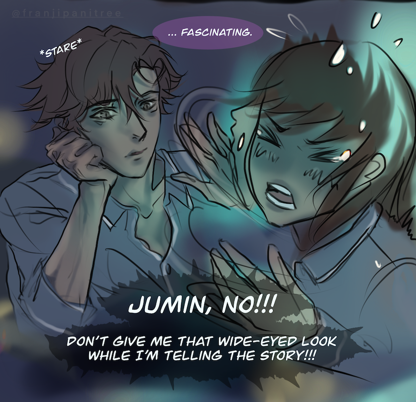 franjipanitree's tweet photo. OCT 29: Ghost Stories are fun...? 
"What's wrong with my look?" 👀💜

(Note: Inspired by a sleep paralysis yours truly experienced. It was no joke. 😭)
#mysticmessenger
#juminmonth https://t.co/YecMysj8ZL