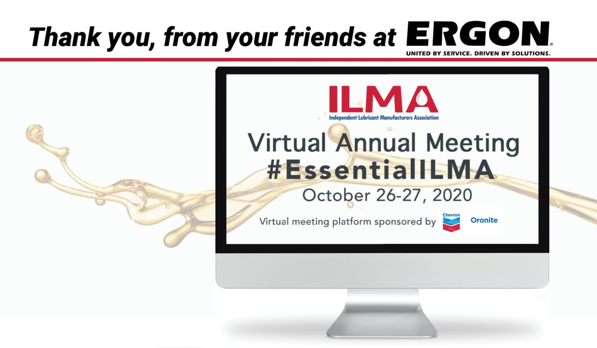 ErgonOils's tweet photo. Thanks to ILMA staff for all their hard work on the 2020 Virtual Meeting. We were honored to be a Platinum Sponsor and to sponsor the keynote address by Dave Wasserman. We hope to see you all in person next year! #ErgonSpecialtyOils
#EssentialILMA #HyGold #BaseOils https://t.co/ivb3lDAPcl