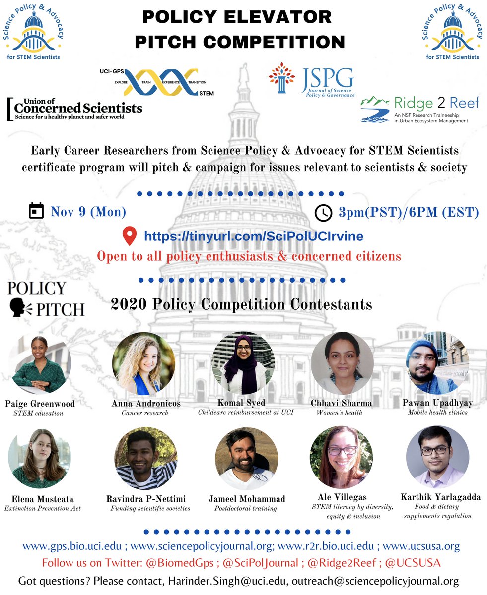 SciPolUCIrvine's tweet photo. Nov 9 at 6pm EST, join us for a #scipol elevator policy pitch competition! A select group of students will present to expert judges &amp; win cash prizes! Come support your #scipolpals! RSVP: https://t.co/PC8E5B67Tr @SciPolJournal @UCSUSA @Ridge2Reef @BiomedGps #SciPolGPS2020 https://t.co/f3Kv1wrHTw