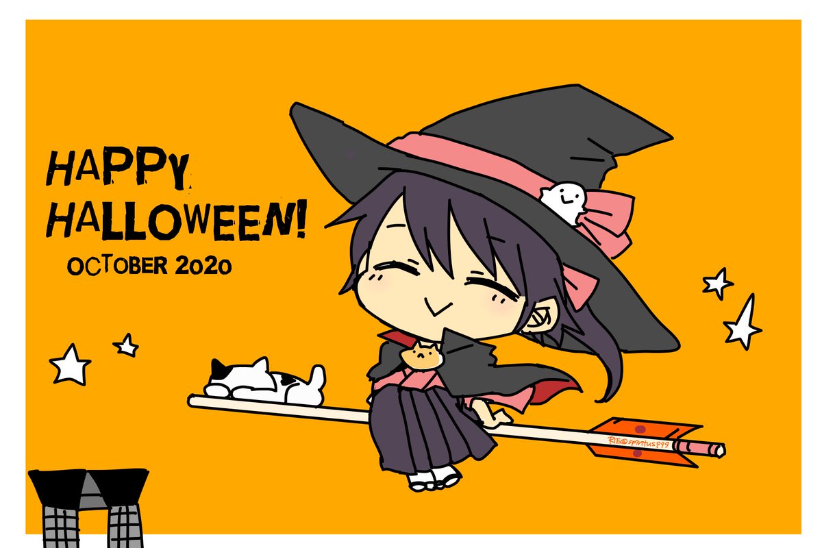 houshou (kancolle) 1girl hat witch hat cat broom closed eyes orange background  illustration images