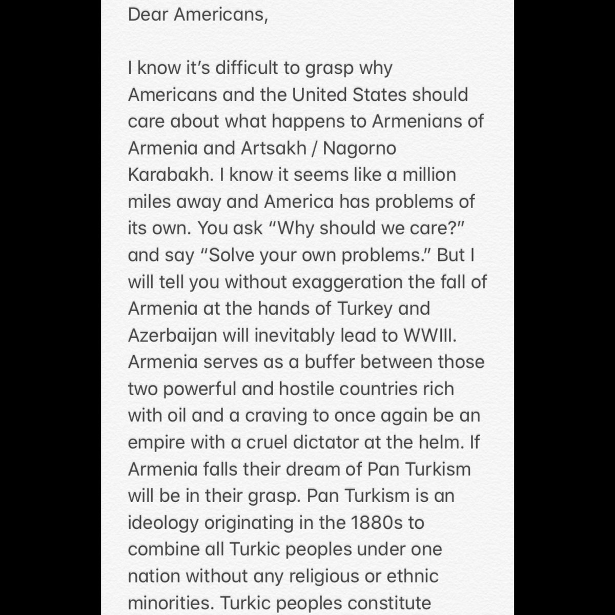 ElzyWize's tweet photo. My second open letter to #Americans about why they should care about what’s happening in #Artsakh/#NagornoKarabakh 

#RecognizeArtsakh #StopAzeriAggression #StopAliyev #StopErdogan #UnitedStates #SanctionTurkey #SanctionAzerbaijan https://t.co/bt3ti6IU78