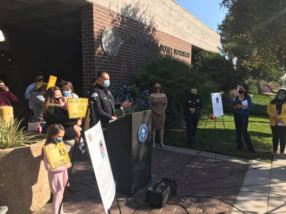 FinishTheRide's tweet photo. Press conference today for safer streets with the newly formed SAFE South LA chapter and LAPD South Traffic Division, the apprehension of the hit and run driver who killed Jorge Guerra on July 8 while he was riding his bicycle. #endHitandRuns #SaveALife #SafeStreetsinSouthLA https://t.co/XQhKdZuGBv