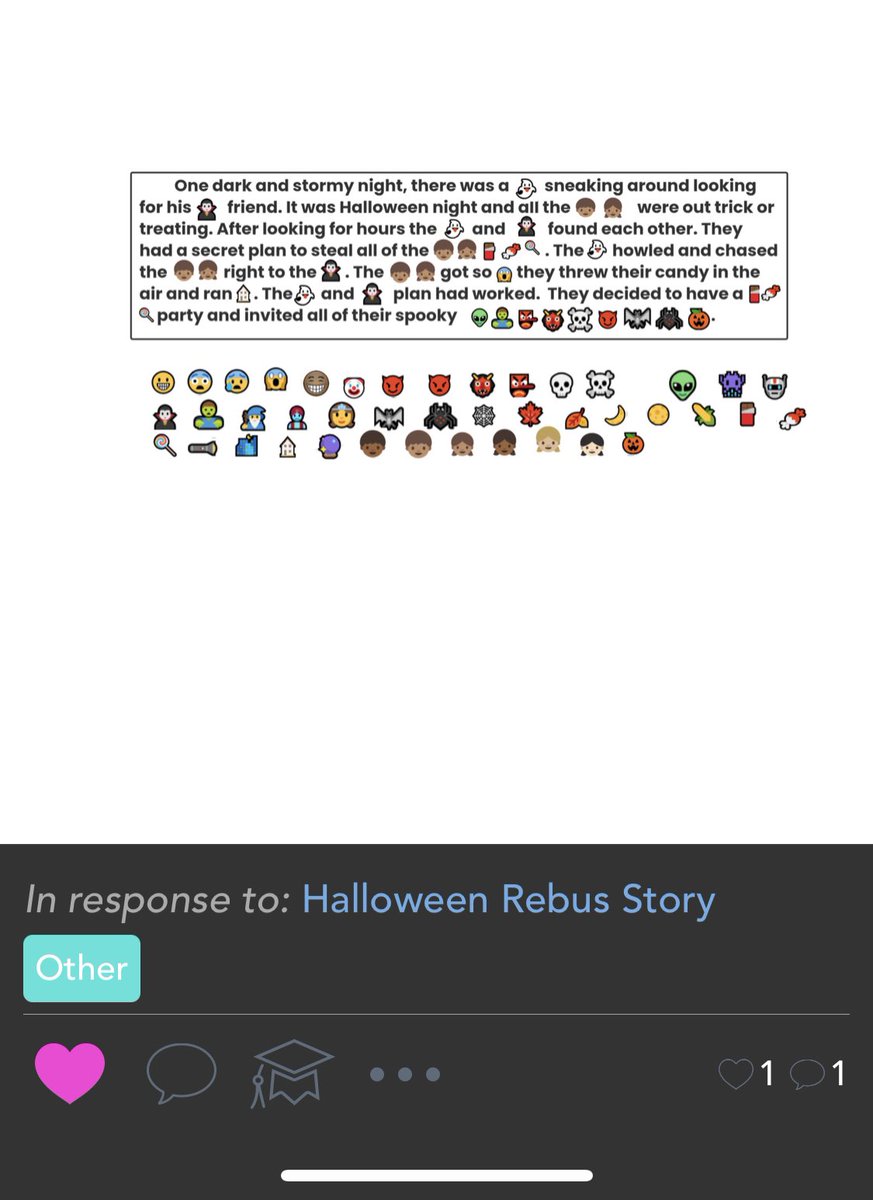 Rebus stories are my new favorite activity! My third graders loved writing a spooky Halloween story! Thanks to @Seesaw community for the great idea! #WeR1NR @SPESinNRCSD https://t.co/9dZX1WnFB3