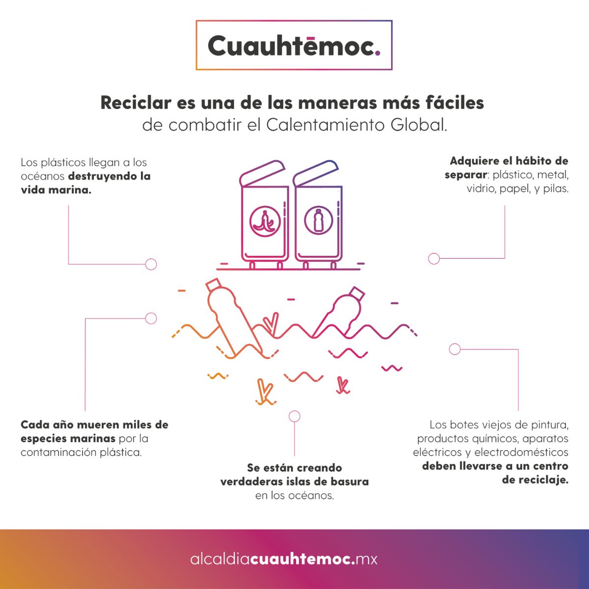 #EnEquipo evitemos el #CalentamientoGlobal reciclando.
 
👉Separa plástico, metal, vidrio, papel y pilas.
👉Acude a centros de #Reciclaje para entregar botes de pintura, productos químicos y aparatos eléctricos y electrodomésticos.
 
Y tú, ¿qué más haces por el ambiente?