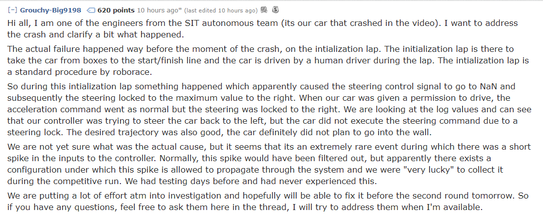 dogryan100's tweet photo. One of the engineers wrote this on Reddit giving an explanation as to the reason the car crashed (First video) https://t.co/cQvZ5er4oy