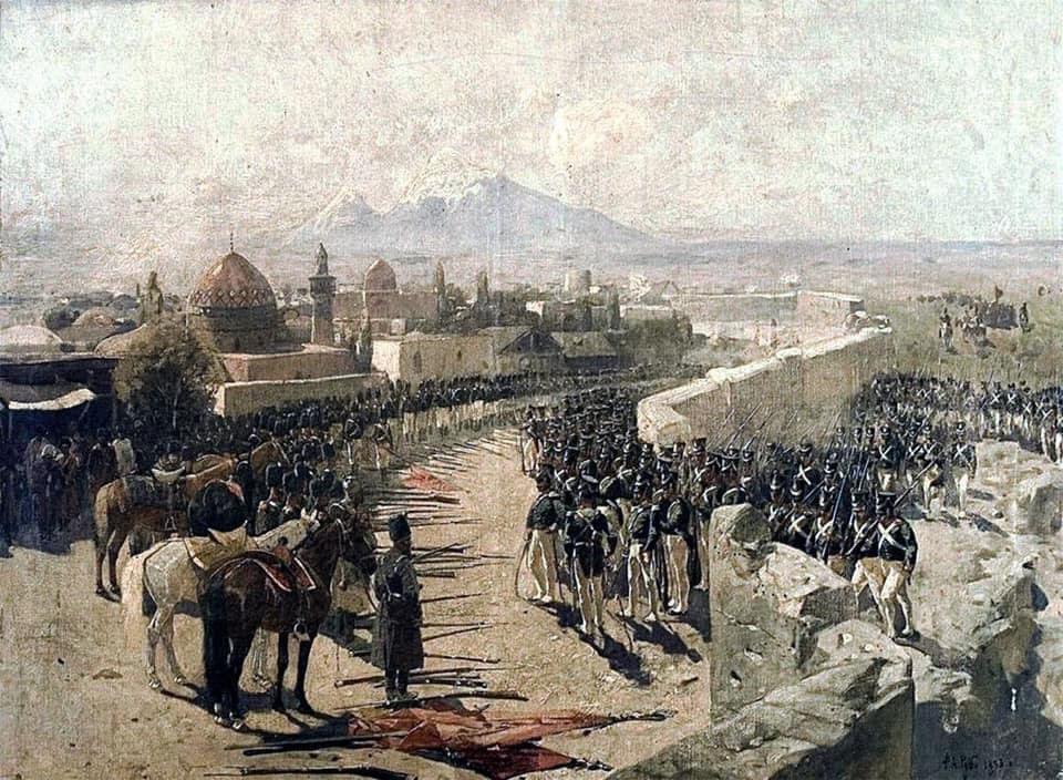 ADR_XXI's tweet photo. The painting by Franz Roubaud depicting the capture of Erivan (Iravan) by the Russians in 1827. City with many mosques and minarets (and Ağrı dağı as a backdrop) doesn’t look very Armenian, does it? Well, that quickly changed soon after Russian occupation and Armenian migration. https://t.co/GWvJhLPVsh