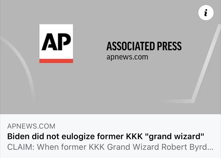 Guise. Biden didn’t eulogize a former Grand Wizard of the KKK.What a horrible and racist accusation.AP fact-check understands that Robert Byrd was merely and exalted cyclops of the KKK.