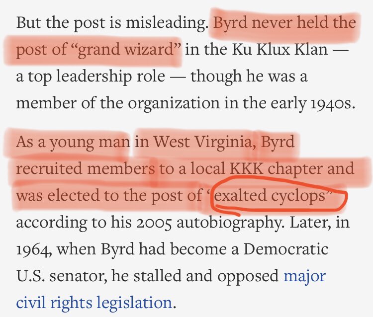 Guise. Biden didn’t eulogize a former Grand Wizard of the KKK.What a horrible and racist accusation.AP fact-check understands that Robert Byrd was merely and exalted cyclops of the KKK.