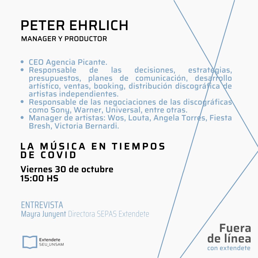 ⭐ ¡Detrás de cada gran artista hay un gran productor!

👉🏻 Si sos artista o te gusta la música sumate este viernes 30 a las 15 hs para conversar con él. 

¡Es tu oportunidad para conocerlo y presentarle tu proyecto!

📱 Inscribite en este link linktr.ee/extendete.unsam.