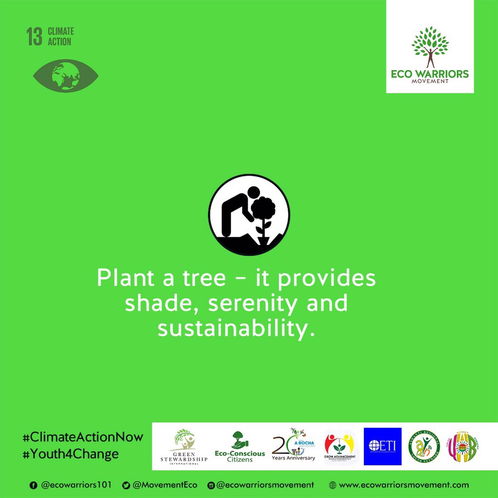 CLIMATE ACTION CAMPAIGN DAY 5
Trees absorb carbon which is a green house gas and give out oxygen gas for respiration by humans. They provide shade and are wind breakers. Trees also provide homes for birds and some insects. Above all trees provide food for us. 
Plant a fruit tree
