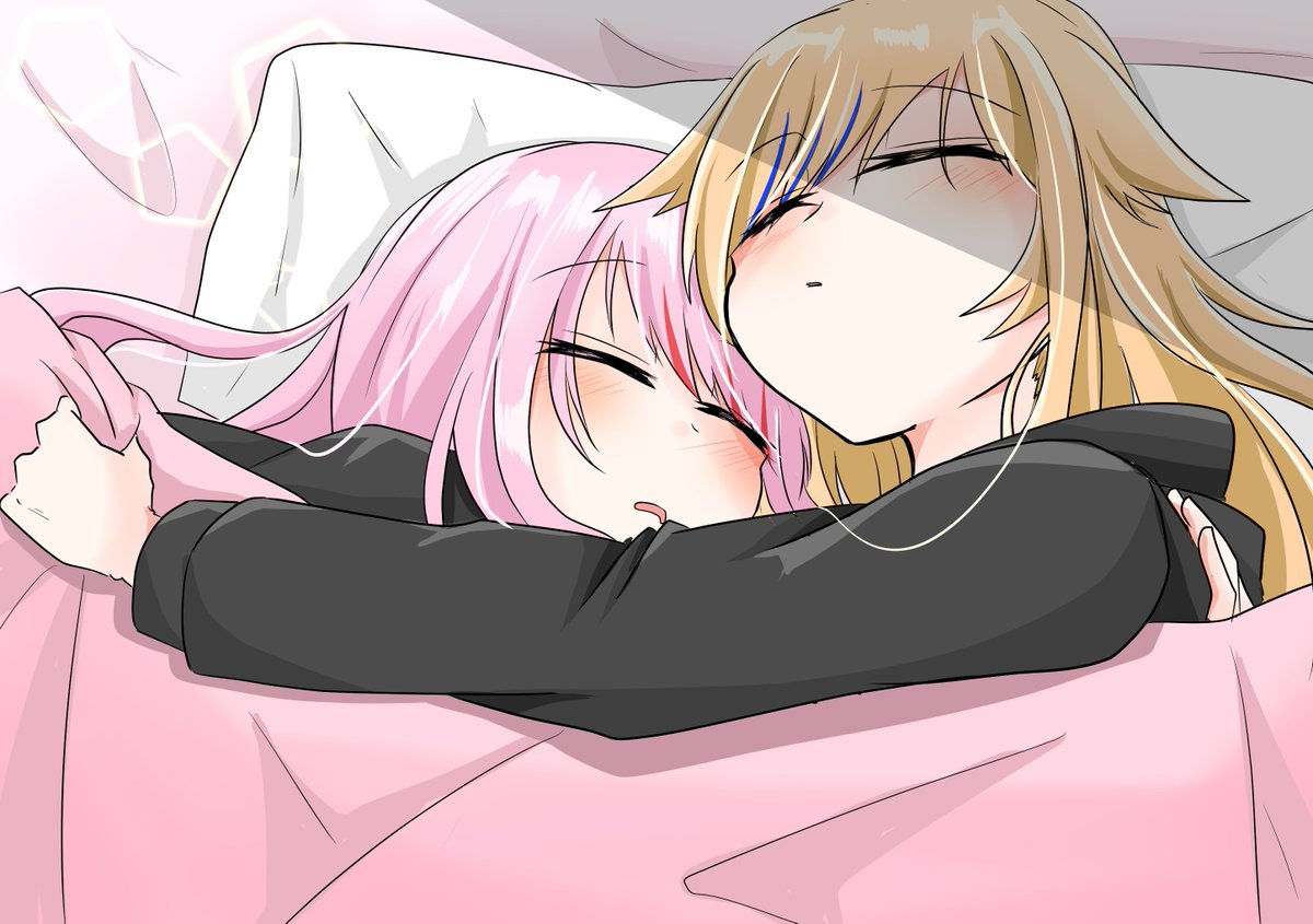 multiple girls 2girls sleeping pink hair yuri blonde hair closed eyes  illustration images