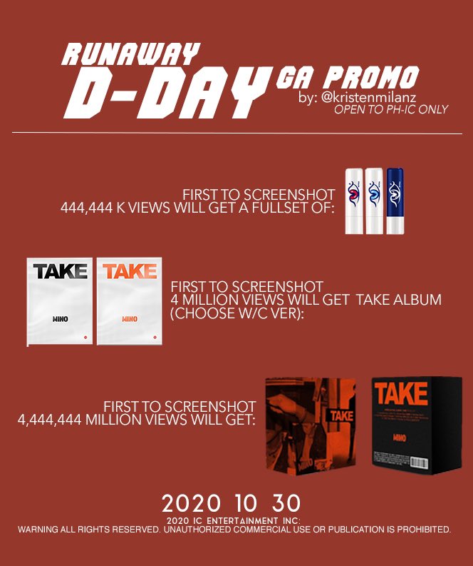 kristenmilanz's tweet photo. 444 GA PROMO: i hope you’re 444ever READY because ga ga ga ga in runaway means GIVE AWAY!
READ the mechanics and comment below the ff Tagline and HT if you’re going to join👇🏻
RUN AWAY WITH MINO #ScreeningNightWithMINO #MINO @official_mino_ 위너 송민호 https://t.co/om2SDgzhYi