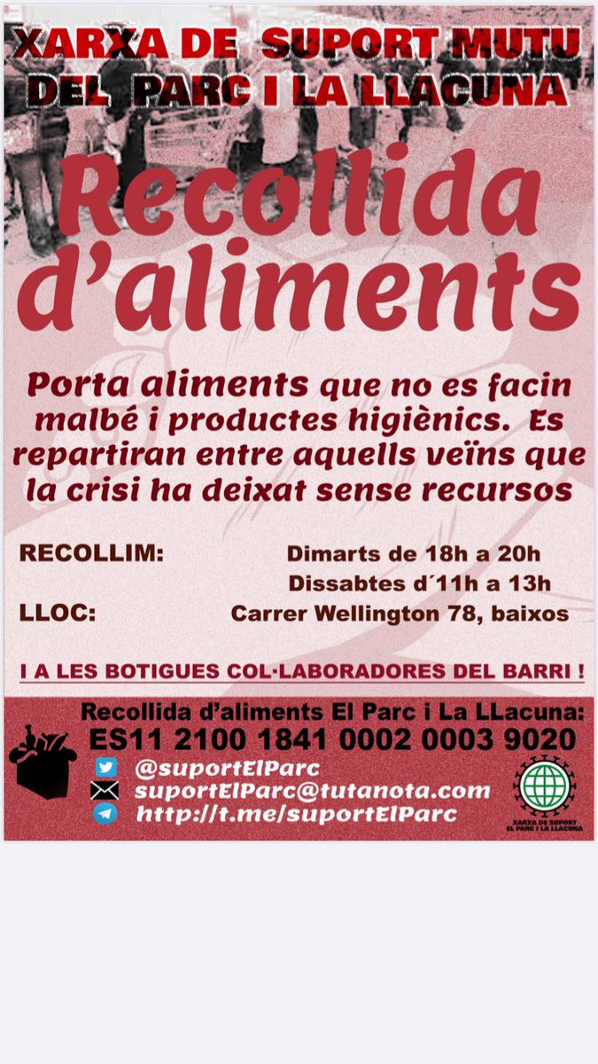 suportElParc's tweet photo. Demà com cada dissabte recollim aliments de 11h a 13h a Wellington 78. 
Necessitem:
- Llet
- Arròs 
- Pasta
- Galetes https://t.co/i5em9iz1HQ