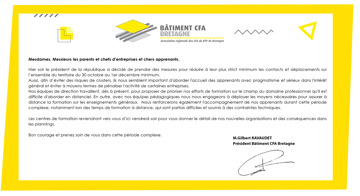 Suite aux annonces du président de la république hier soir, nos équipes de direction travaillent sur de nouvelles organisations ! Nous reviendrons vers vous prochainement.

#Confinement #Apprentissage #CFA #Formation