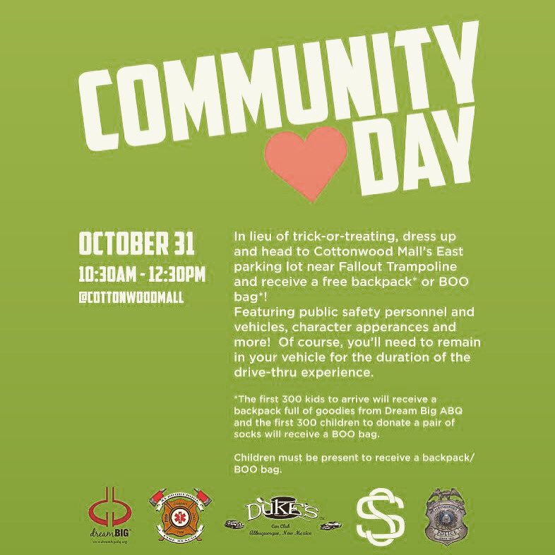 COMMUNITY DAY‼️ Happy 😆 to give back once again! DreamBIG™️ will be giving 300 back packs to the first 300 kids this Saturday Oct 31st @ Cottonwood mall! 🎒🙏🏽🎃👻                                 Dress-up ✅ Drive-Thru✅ Donate✅