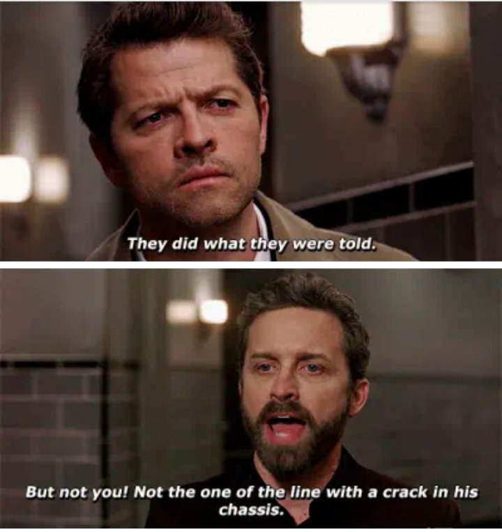 DRyzley's tweet photo. #Supernatural Always love those little pep talks from Chuck.  (Yes, being sarcastic) #CastielForever #AngelofThursday #spn #WinchestersForever #SPNFamilyForever https://t.co/1LtgkeOq5h