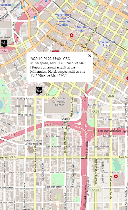 CrimeWatchMpls's tweet image. Report of sexual assault at the Millennium Hotel, suspect still on site
1313 Nicollet Mall
#DowntownMpls 
22:35