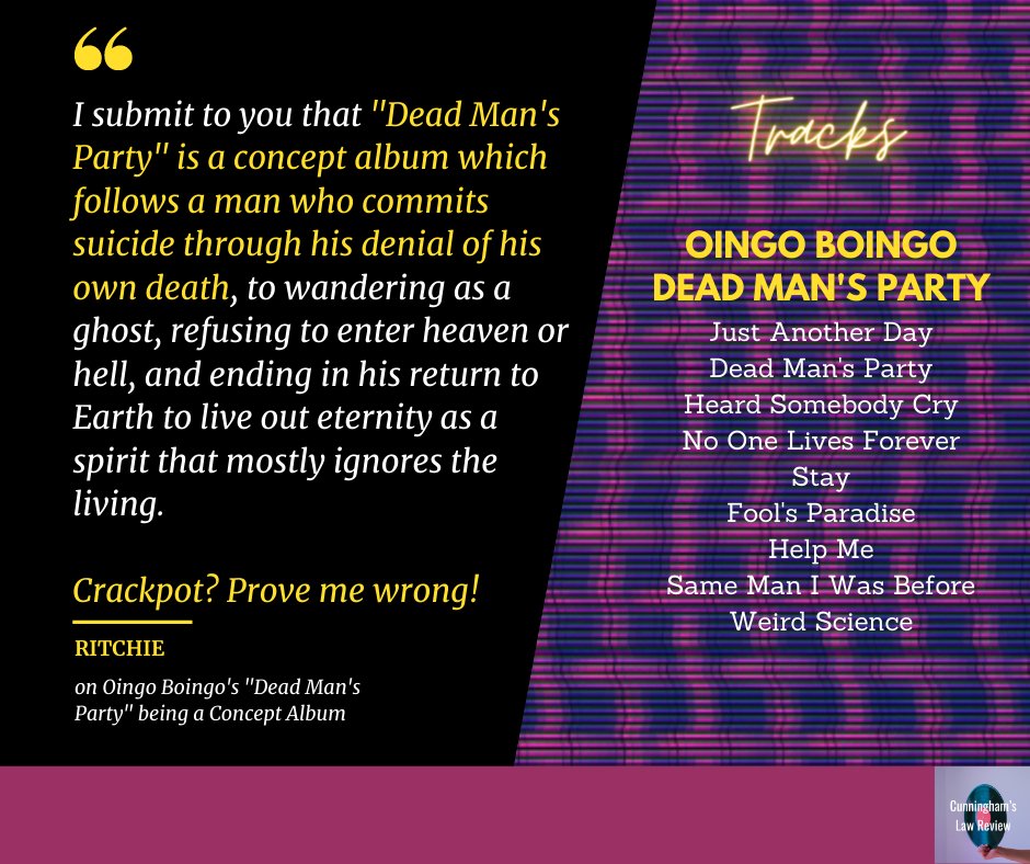 CunningReview's tweet photo. I have a theory for you @dannyelfman
 
Dead Man's Party is a great album sure, but I think it's a lot better than people understand. That it's a cohesive concept album from start to finish, where we follow someone who enters the Party without knowing it.

https://t.co/ubG5lr9RBC https://t.co/5OCqXWIN6p