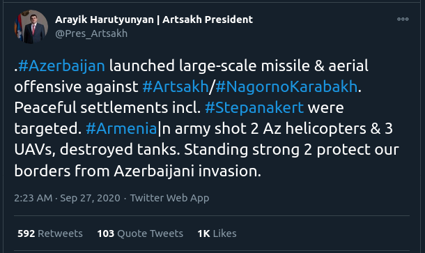 What makes all this curious, of course, is that fighting in Karabakh did not begin until the morning of Sept 27. The earliest tweet I could find was by  @Pres_Artsakh. That was at Sun Sep 27 06:23:42 +0000 2020. His local time is also +4 UTC. So that was at 10:23 am. /9